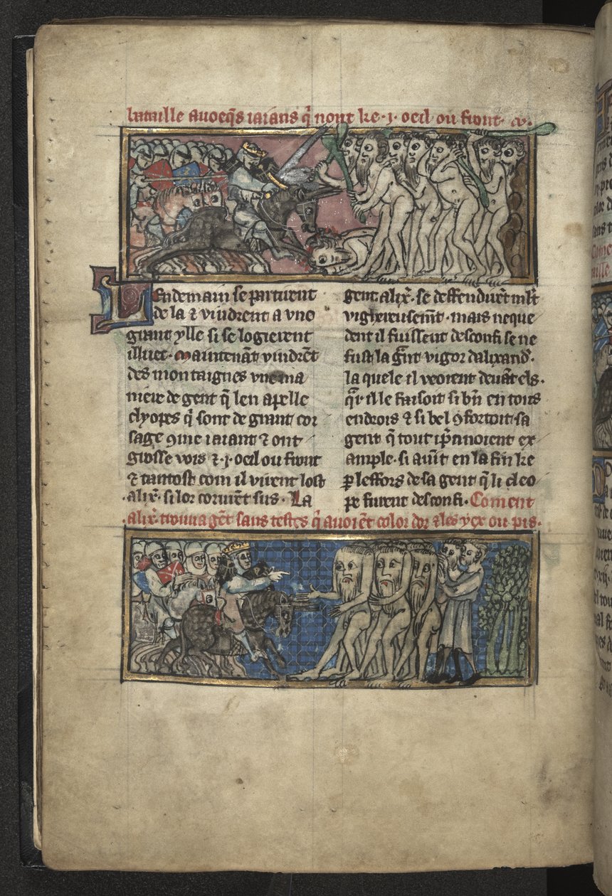 Harley MS 4979 f.72v Alexander taistelee kyklooppeja vastaan; Alexander taistelee ryhmää vikoja vastaan, "Roman d