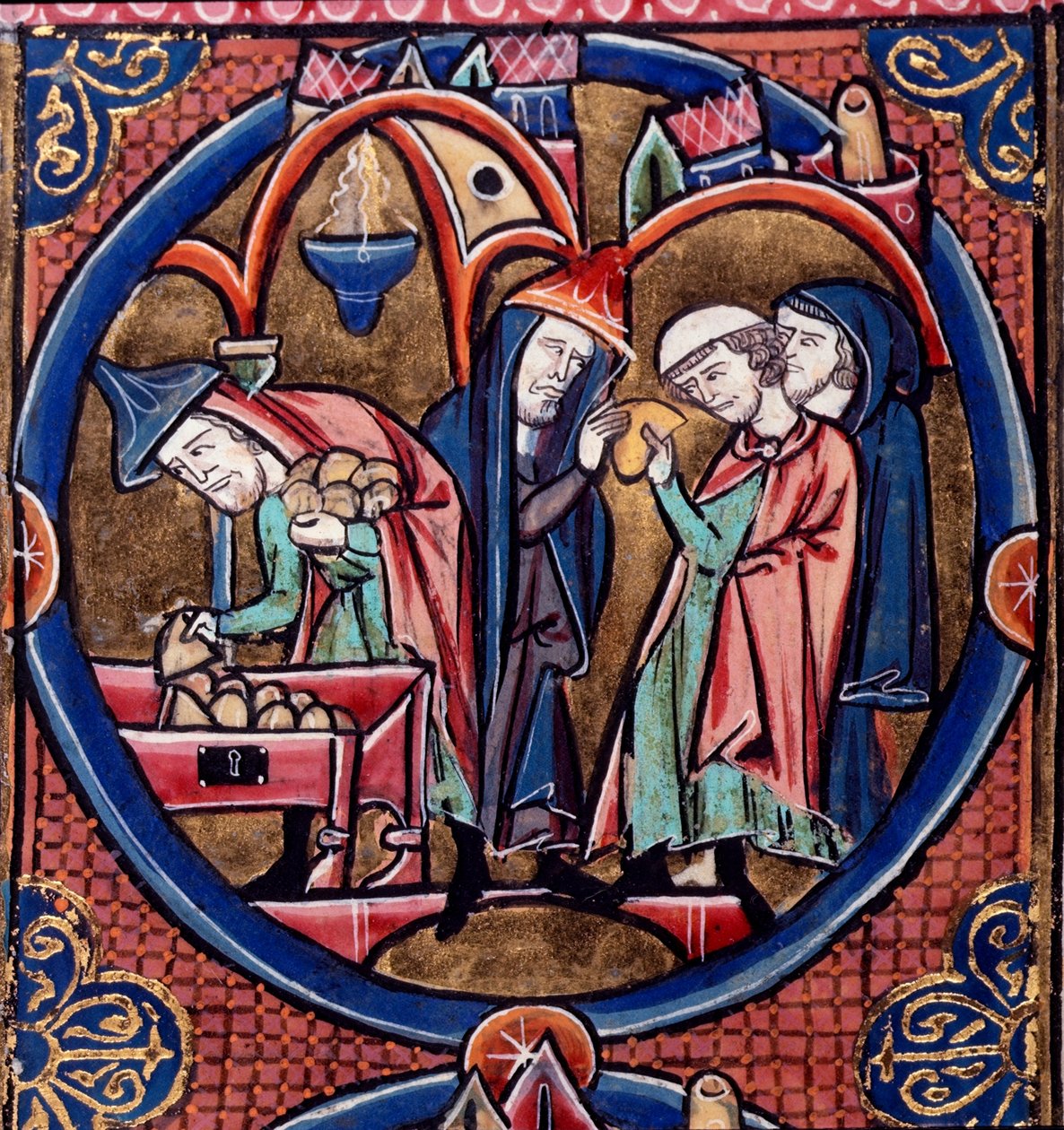 Harley Ms.1526 fol.27 Menelaus toimittaa verorahat Antiokhokselle, Syyrian kuninkaalle, ja turvaa itselleen ylipappeuden lahjuksella, 1200-luvun loppu (vellum) tekijältä French School