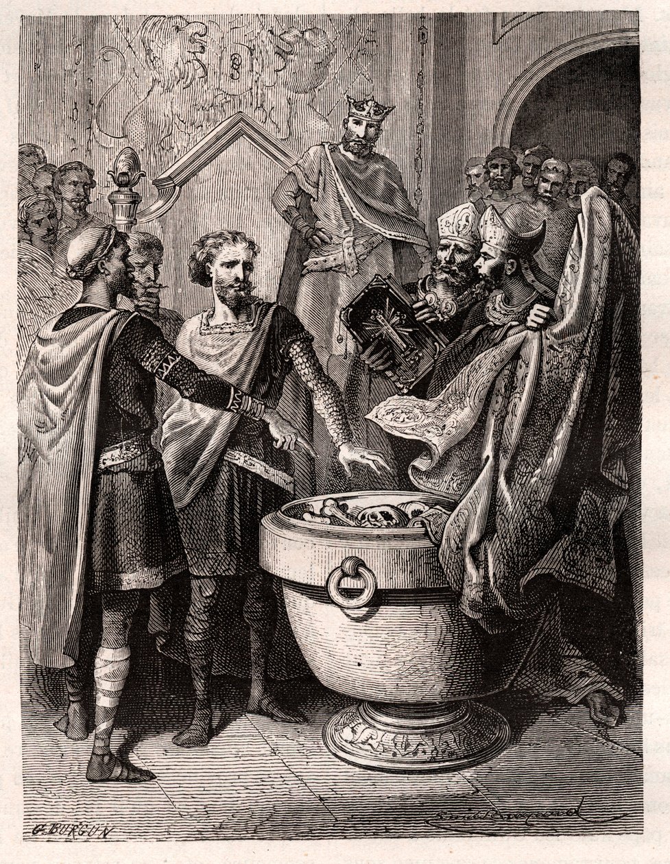 Harold II (1020-1066) viimeinen anglosaksien kuninkaan kruunu vuonna 1064, vannoi pyhäinjäännöksensä ennen William I Valloittajaa tukeakseen asiaa Englannin valtaistuimella tunnustajan Edwardin kuollessa, noin vuonna 1064 (Harold vannoi valan pyhät jäännök tekijältä French School