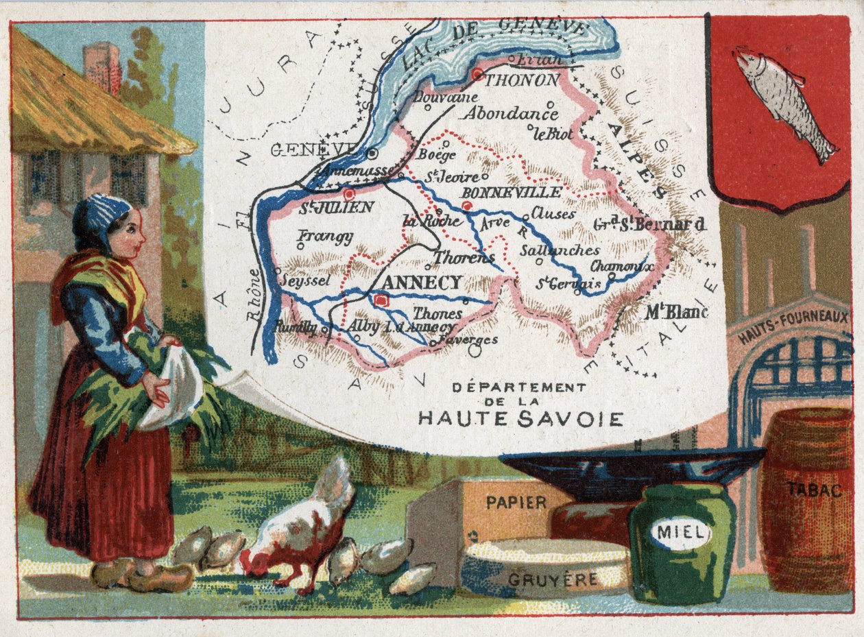 Haute Savoie (Haute-Savoie, 74), Rhône Alpes (Rhône-Alpes), Ranska. Paikallinen erikoisuus: paperi, gruyere, hunaja, tupakka ja masuunit. Sarja Ranskan departementeista. Kromolitografia (Chromo) "" maantieteellinen lanka"", noin 1920. Yksityinen kokoelma tekijältä French School