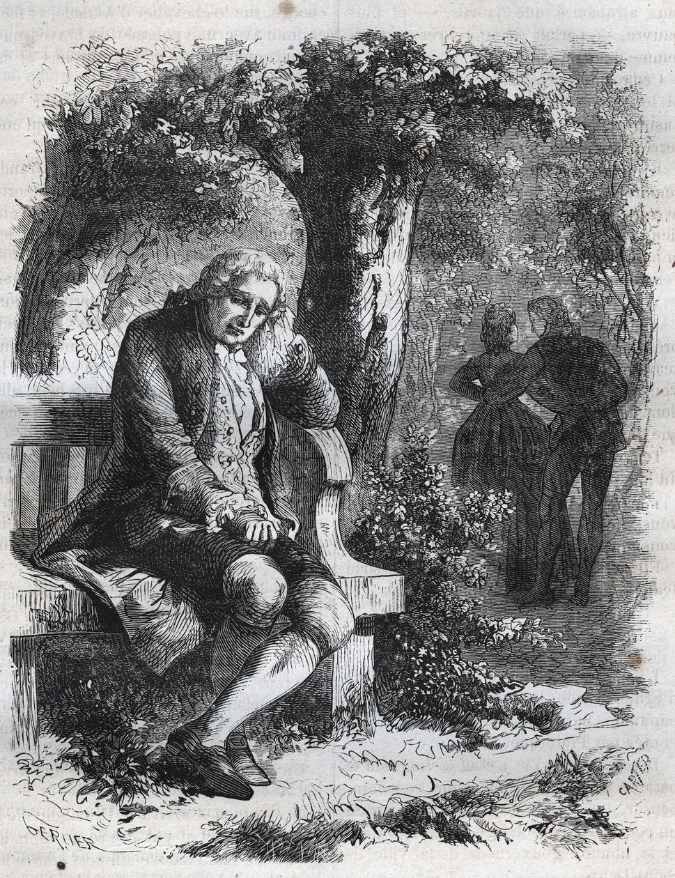 Hän kuuli suudelman kuiskauksen." Sveitsiläinen filosofi Jean Jacques (Jean-Jacques) Rousseau (1712-1778) yllättää kumppaninsa Marie-Theresen (Marie Therese) Le Vasseurin (Levasseur) (1721-1801) täydessä aviorikoksessa. Kaiverrus vuodelta 1871 teoksessa "H tekijältä French School