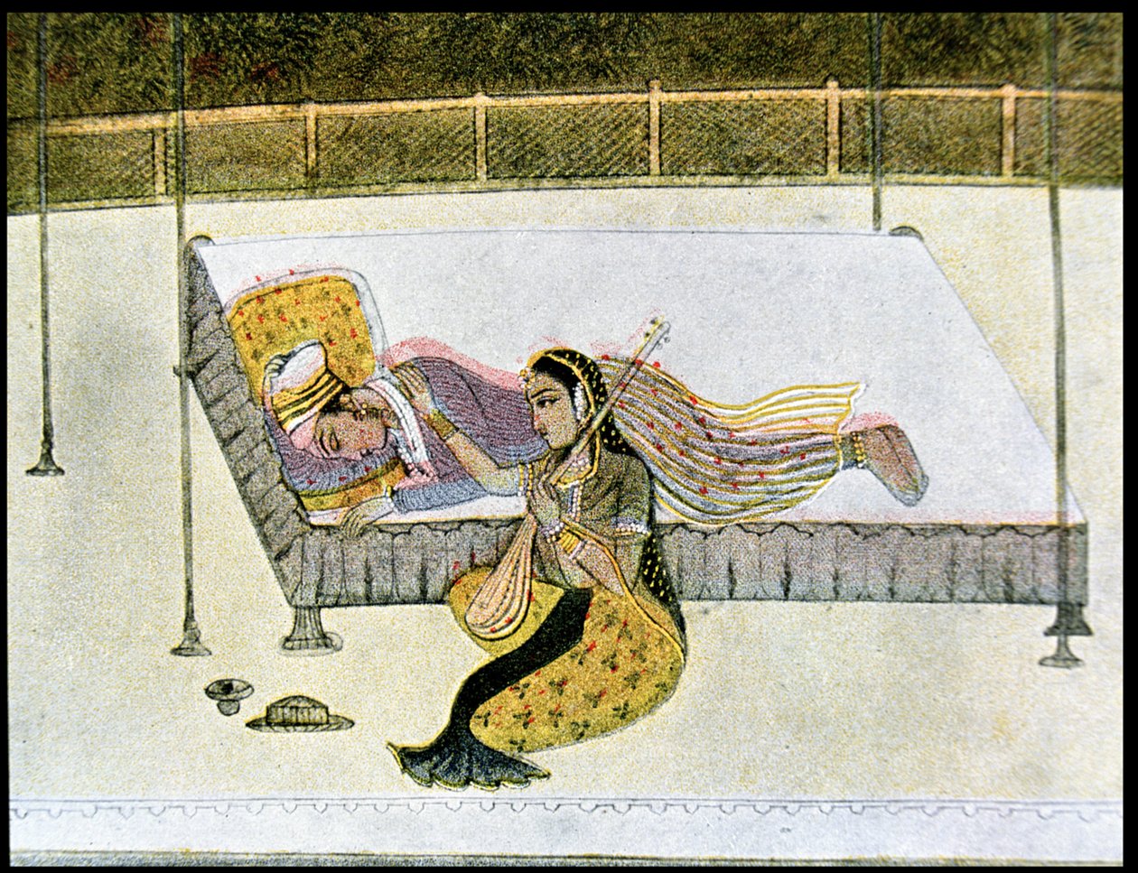 Hän ei ole mitään ilman musiikkia, kuvitus teokseen The Arabian Nights, 1895 (värikaiverrus) tekijältä French School