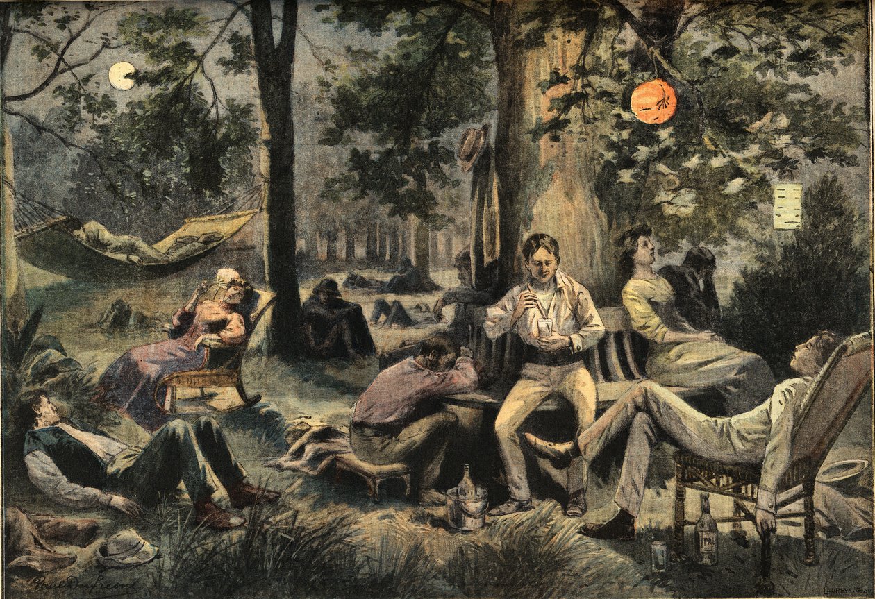 Lämpöä New Yorkissa: asukkaat leiriytyivät puistoissa, sanomalehti "Le Petit Parisien", 26.7.1908 (kaiverrus) tekijältä French School