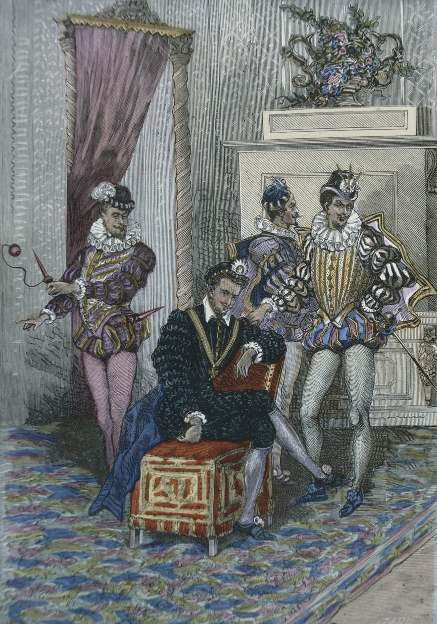 Henri III (1551-89) ja hänen suosikkinsa (värikaiverrus) tekijältä French School