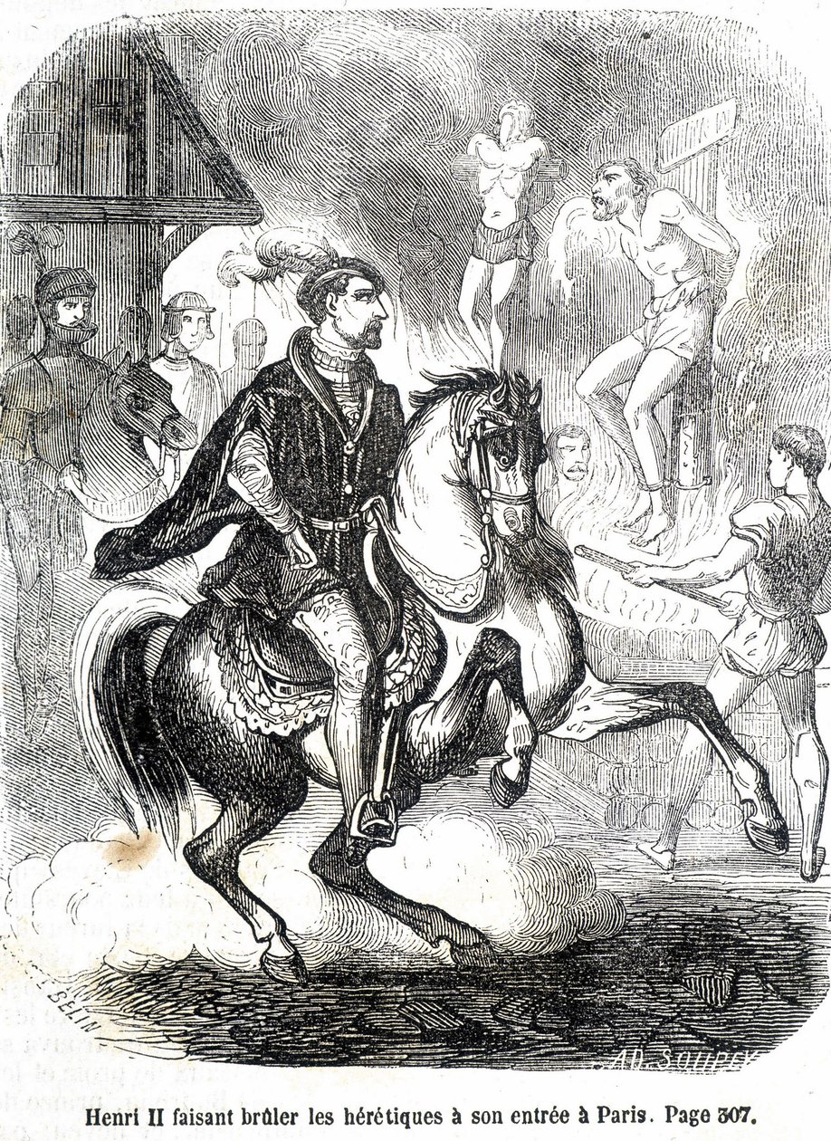 Henri II (1519 - 1559) sai harhaoppiset polttamaan sisäänkäynnillään Pariisiin - L.-P.:n "Histoire de France" -kirjassa. Anquetil tekijältä French School
