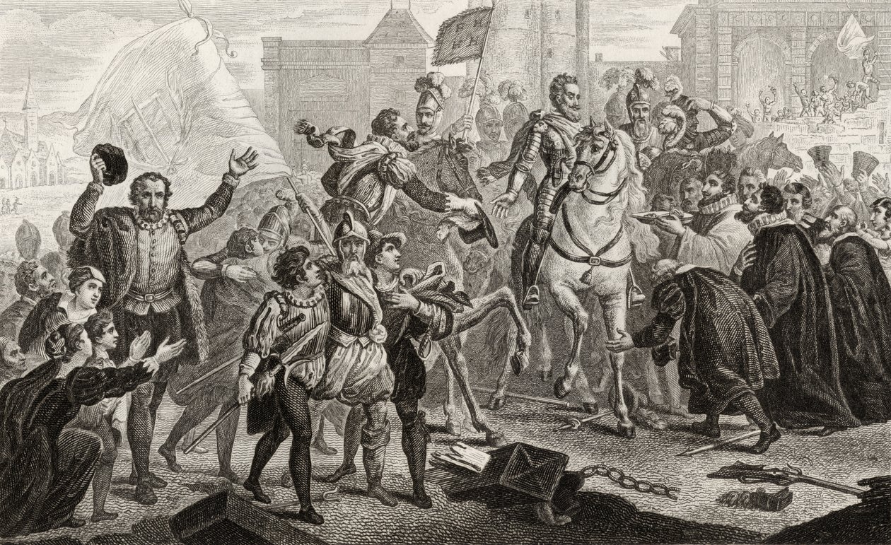 Henri IV (1553-1610) saapuu Pariisiin vuonna 1594 Colartin teoksesta "Histoire de France", julkaistu n. 1840 tekijältä French School