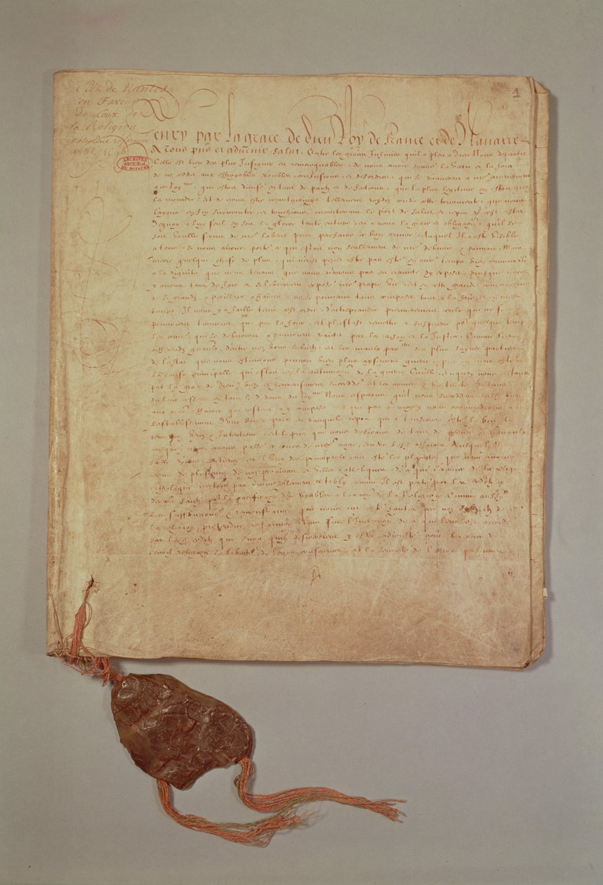 Henri IV, Jumalan armosta, Ranskan ja Navarran kuningas, ensimmäinen sivu Nantesin ediktistä, 1598 (katso myös 156756) (muste paperille) tekijältä French School