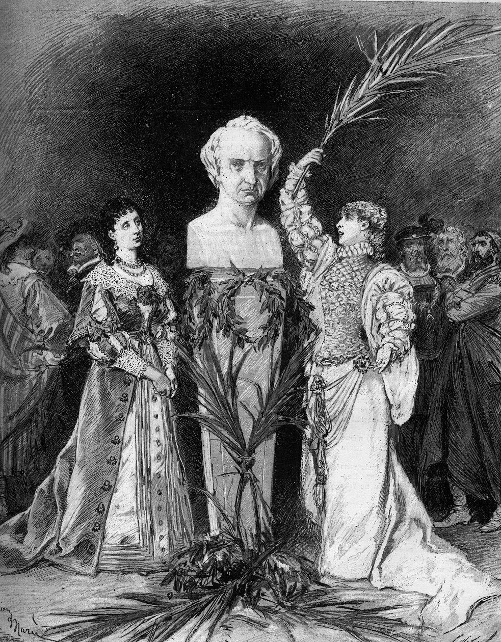 Henriette Rosine Bernard soitti Sarah Bernhardtille (1844-1923), joka lausui Francois Coppeen "Hernanin taistelua" Victor Hugon (1802-1885) rintakuvan edessä "Hernani"-näytelmän 50-vuotispäivän kunniaksi. Pariisi, Comedie Francaise tekijältä French School