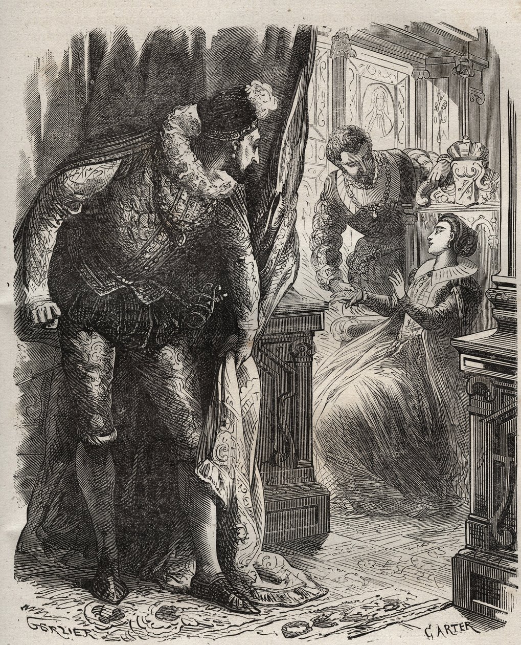 Henry (Henry) Stuart dit Lord Darnley (1545-1567) yllätti vaimonsa Queen Mary (Mary) Iere Stuartin (1542-1587) yksityissihteerinsä David Rizzion (k. 1566) kanssa. Kaiverrus vuodelta 1871 Henry de Kockin (1819-1892) teokseen "Histoire Des Cocuses Celebres". tekijältä French School