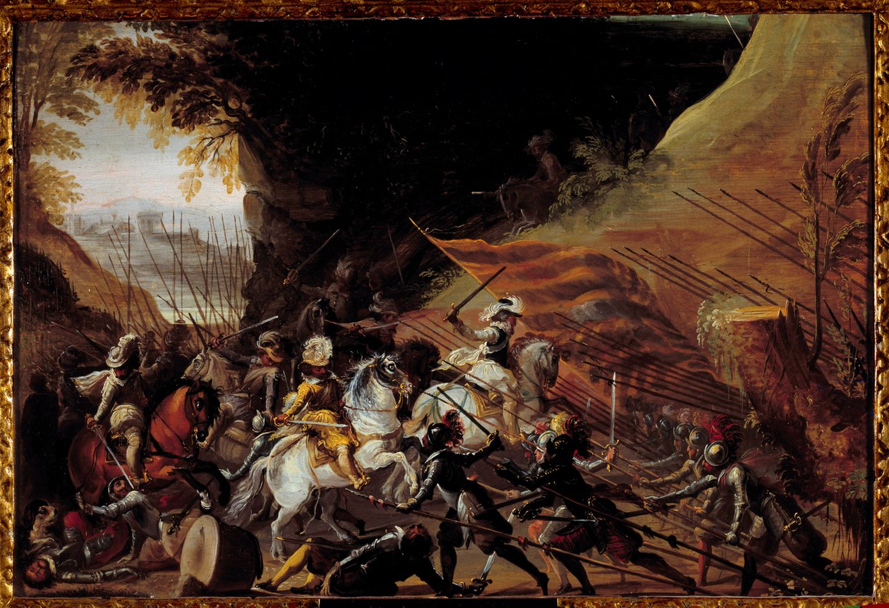 Henrik IV (1589-1610) lastaamassa ratsuväkensä kärjessä. Anonyymi ranskalainen maalaus 1600-luvulta. Öljy puulle. Koko: 0,35 x 0,52 m. Pau, Musee du Chateau tekijältä French School