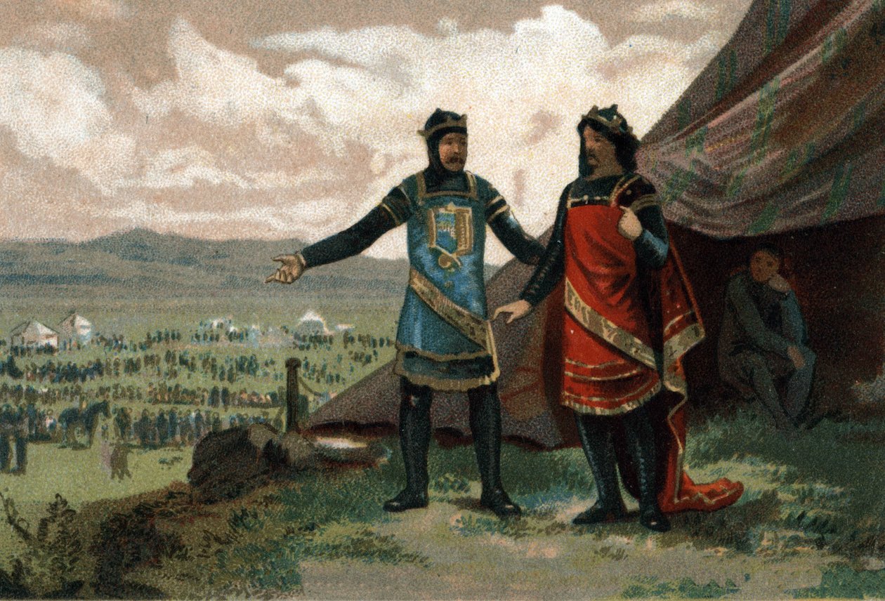 Henrik I, Ranskan kuningas (1008-1060) otti vastaan Normandian herttua Robert Paholaisen (tunnetaan myös nimellä Le Magnifique) ja tarjosi hänelle armeijan valtakuntansa takaisin saamiseksi. Kromolitografia noin 1890. tekijältä French School