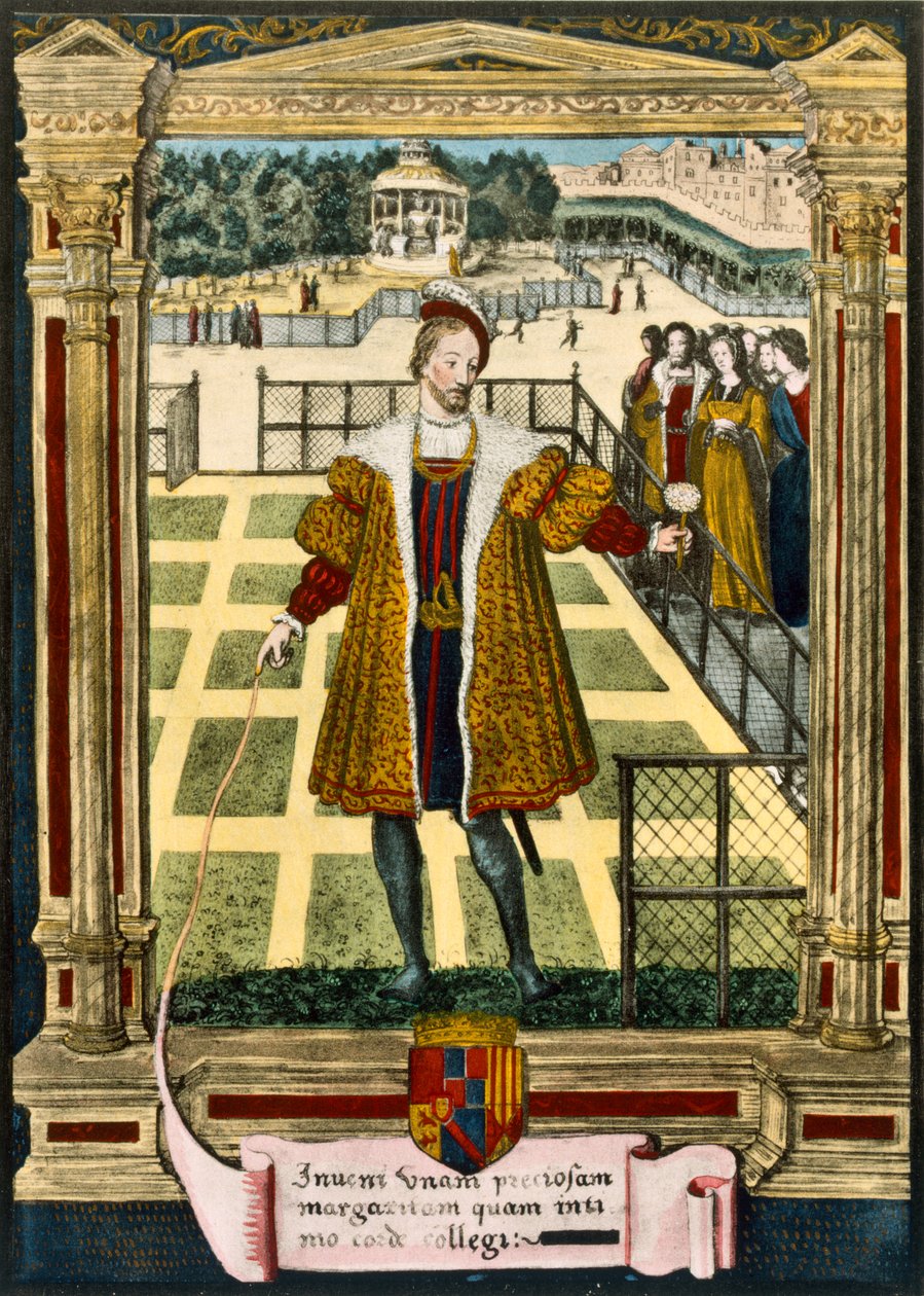 Henry dAlbret (1503-55), Navarran kuningas lahjoittamassa Marguerite-kukan Margueritelle, kuningas Francois I:n sisarelle, jonka kanssa hän avioitui vuonna 1527 tekijältä French School