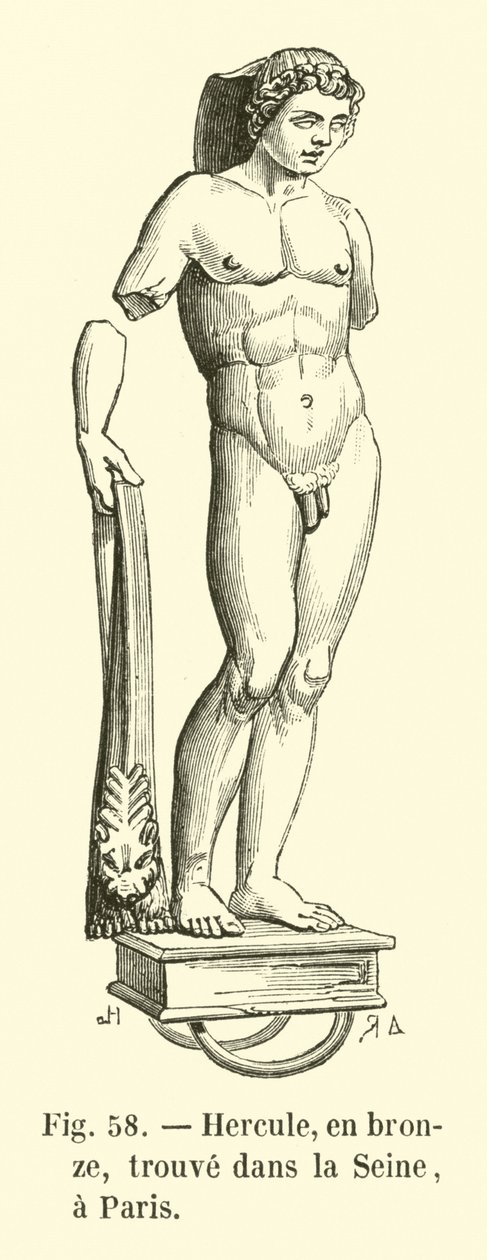 Hercules, pronssia, löydetty Seinen uomasta, Pariisi (kaiverrus). tekijältä French School