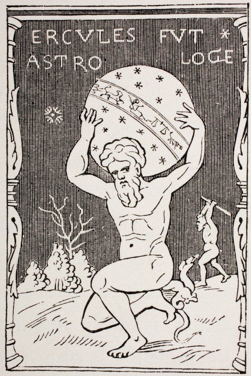 Hercules pitää maailmaa selällään, kun Atlas kerää Hesperidien omenoita Les Arts au Moyen Age -julkaisusta, joka julkaistiin 1873 tekijältä French School