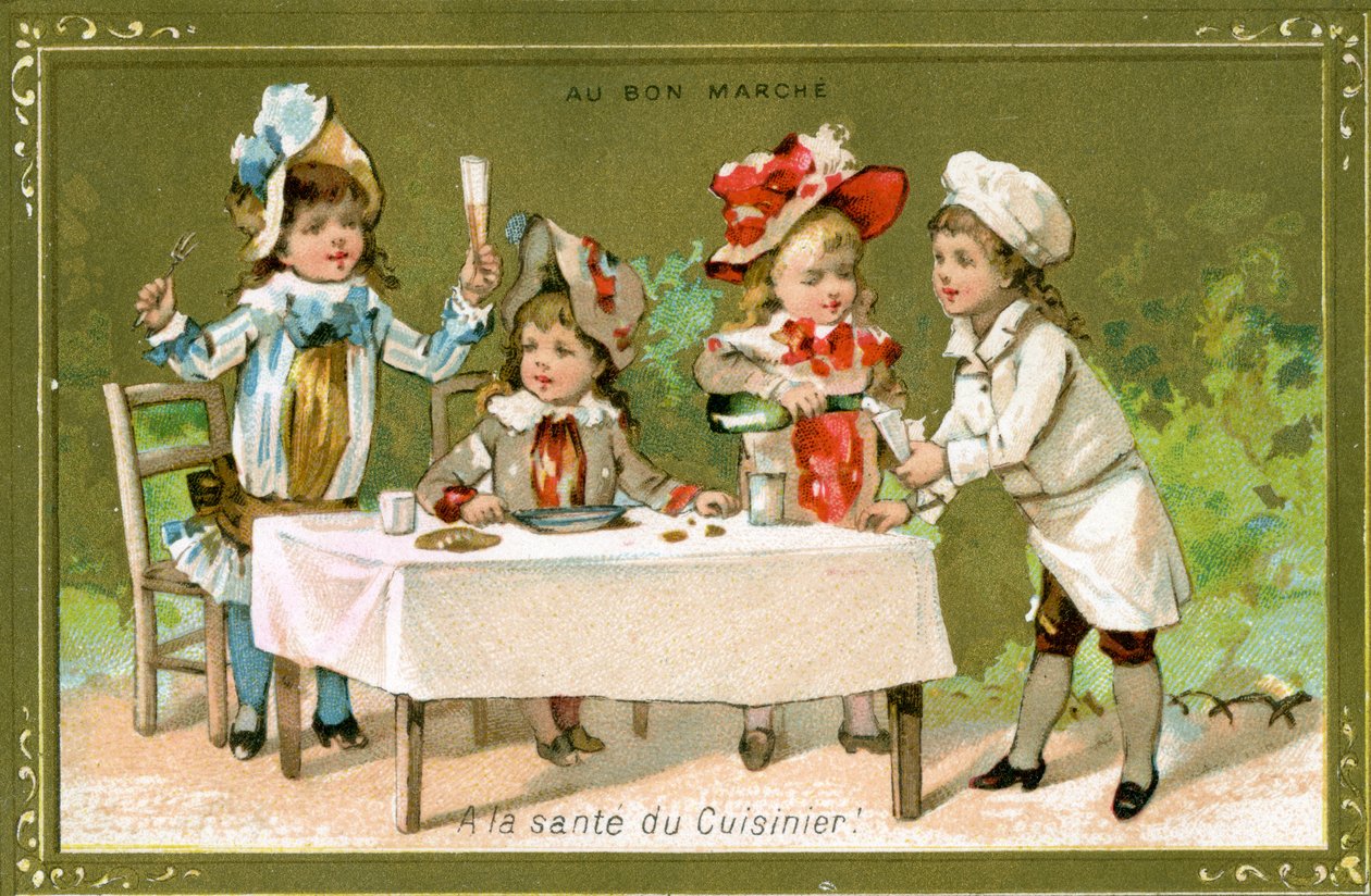 Heres to the Cook!, Bon Marché tavaratalon mainoskortti, n. 1890 tekijältä French School