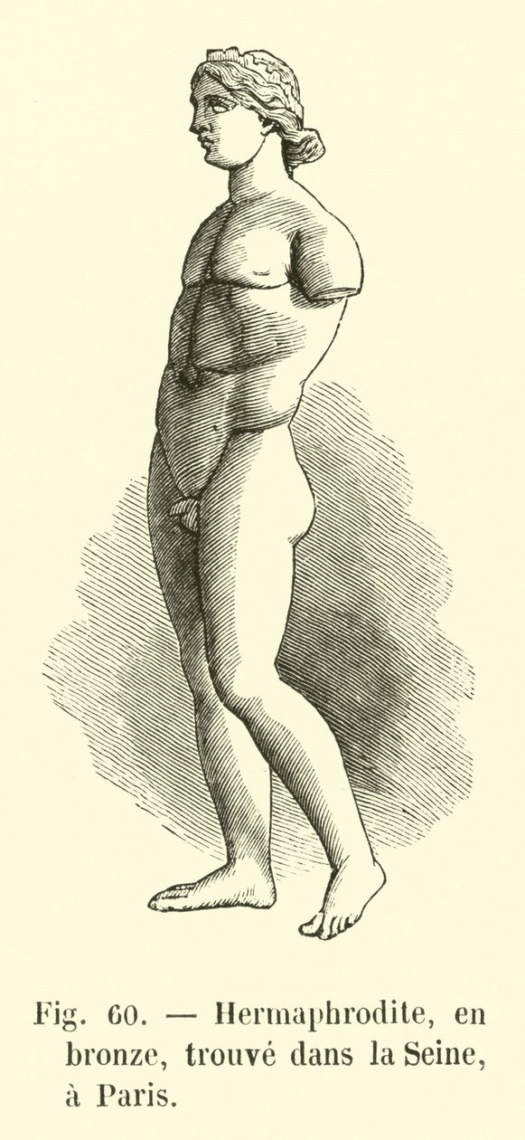 Hermafrodiitti, pronssia, löydetty Seinen uomasta, Pariisi (kaiverrus). tekijältä French School