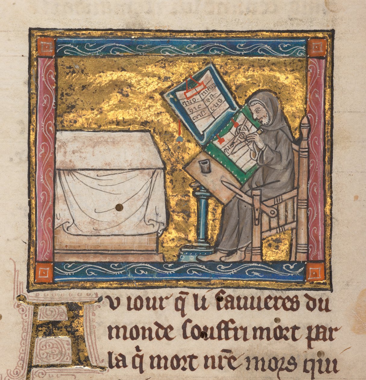 Erakko kirjoituspöydän ääressä, pienoismalli "Estoire del Saint Graal, La Queste del Saint Graal, Morte Artu", n.1315-25 (muste pergamentille) tekijältä French School