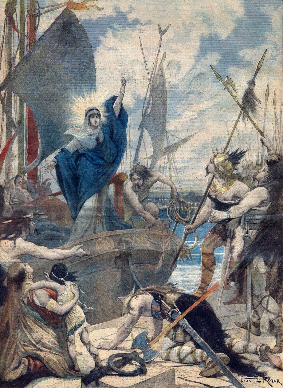 Ranskan sankaritar: St Genevieve (423-512). Les heroines de France - Invasions barbares - Sainte Genevieve pelastaa Pariisin kaupungin. Kuvitus Le petit Journalille tekijältä French School