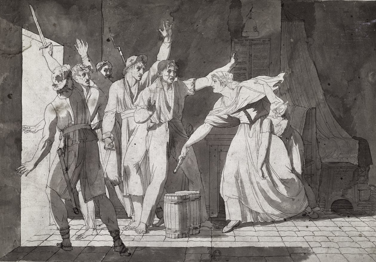 Naisen sankarillisuus, kun hän kohtaa Saint-Mithierin haltuunsa saaneita vendealaisia rosvoja, 1793 (ks. myös 217884). tekijältä French School