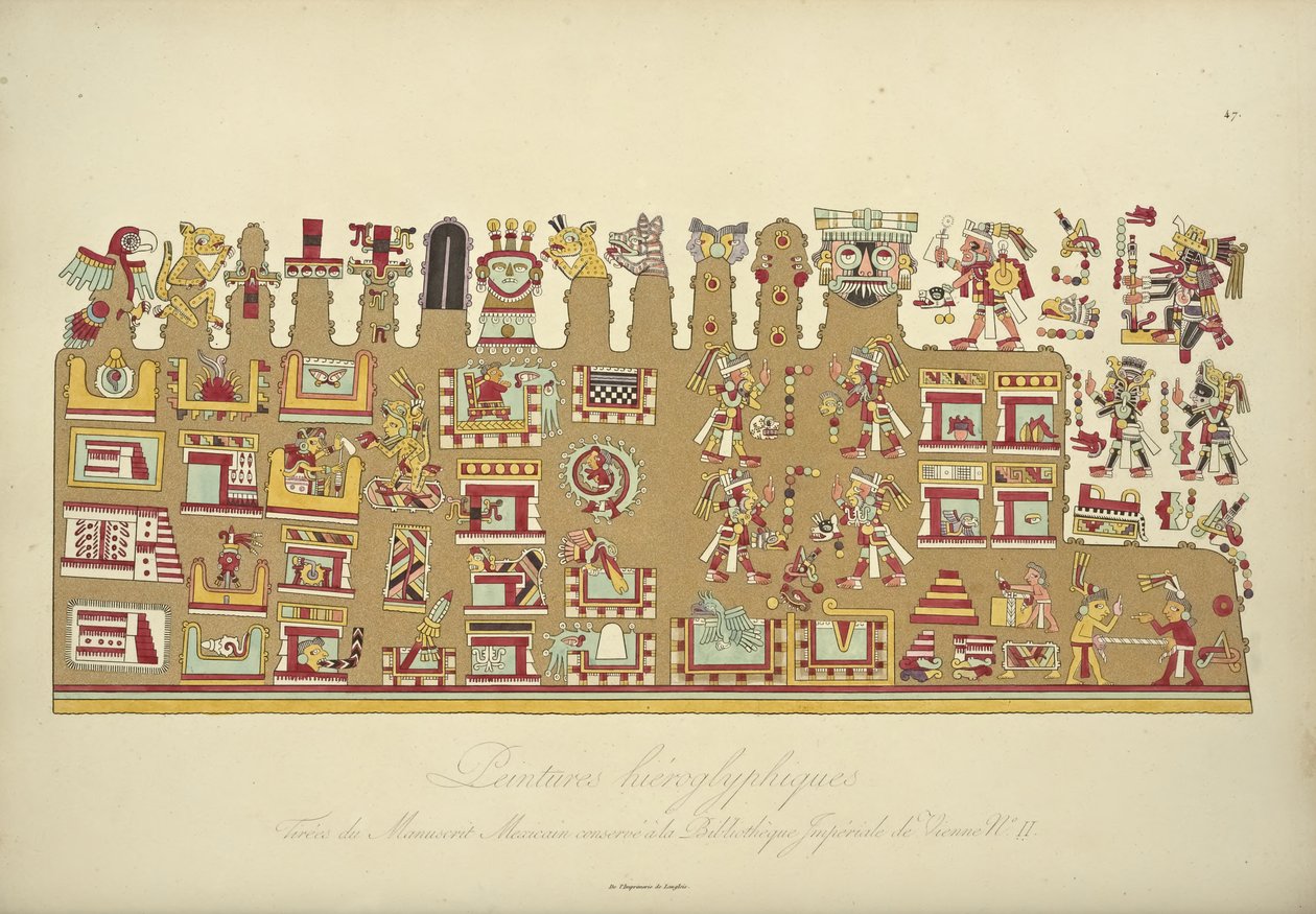 Hieroglyfimaalauksia meksikolaisesta käsikirjoituksesta II, säilytetty Wienin keisarillisessa kirjastossa, kuvitus Alexander von H:n kohdasta Näkymät Cordilleraille ja Amerikan alkuperäiskansojen monumenteille tekijältä French School