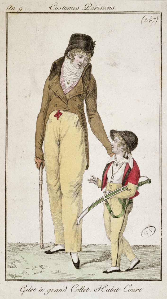 Korkeakauluksinen liivi ja lyhyt aamutakki, Costumes Parisiens, 1801 tekijältä French School
