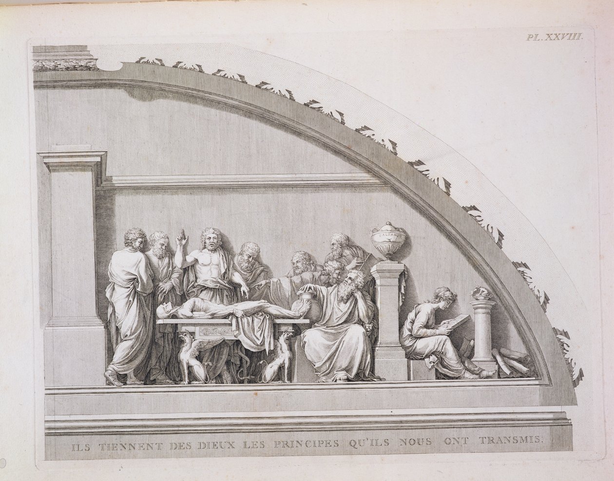 Hippokrates (n. 460 eKr.–n. 377 eKr.) Opetus, Pariisin kirurgian koulun kuvauksesta, julkaistu 1780 tekijältä French School