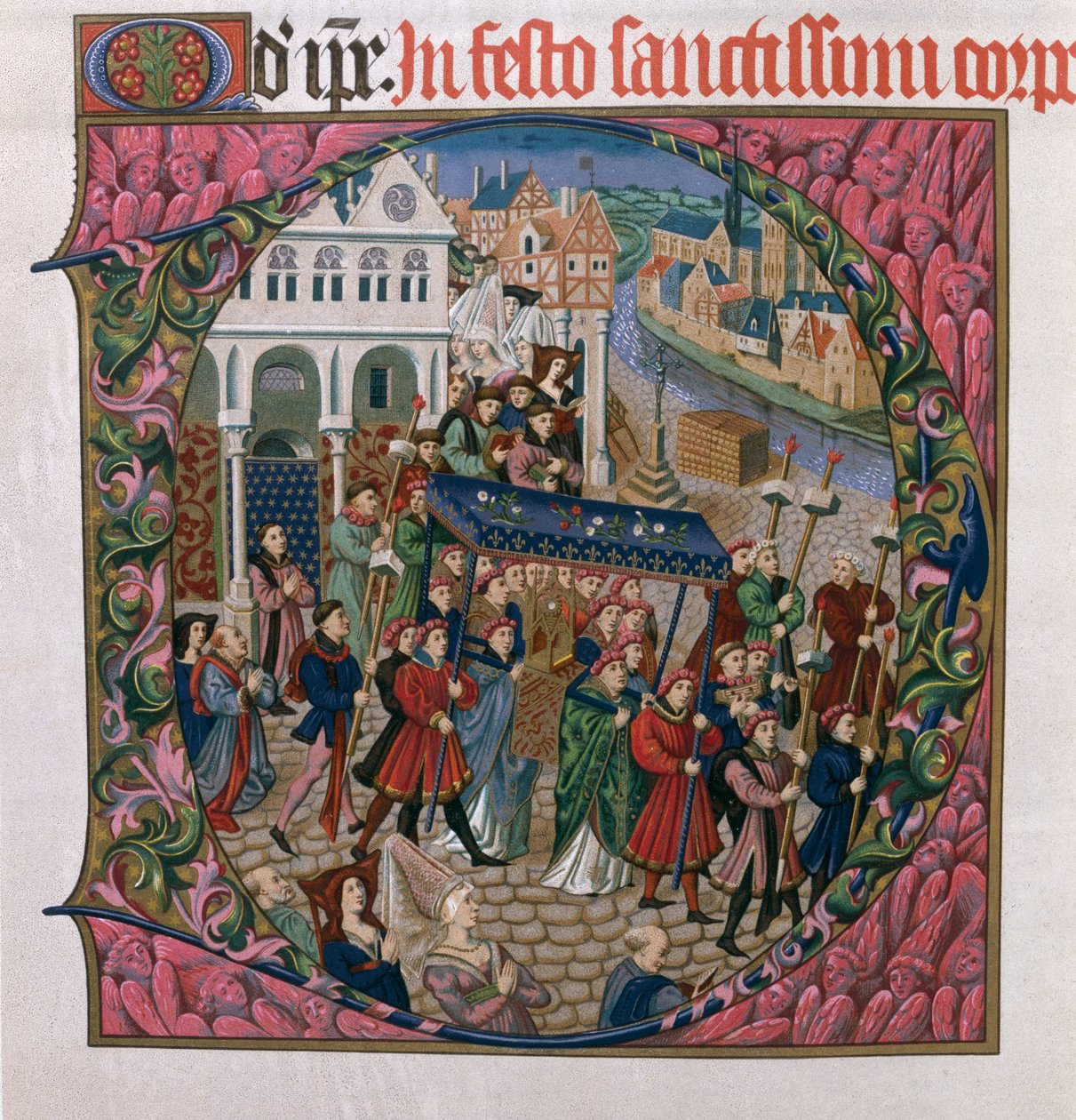 Historioitu alkukirjain D, joka kuvaa uskonnollista kulkuea Place de Grevessä, Pariisissa 1400-luvulla (Missel de Jouvenel des Ursinsin faksimilepainos) tekijältä French School