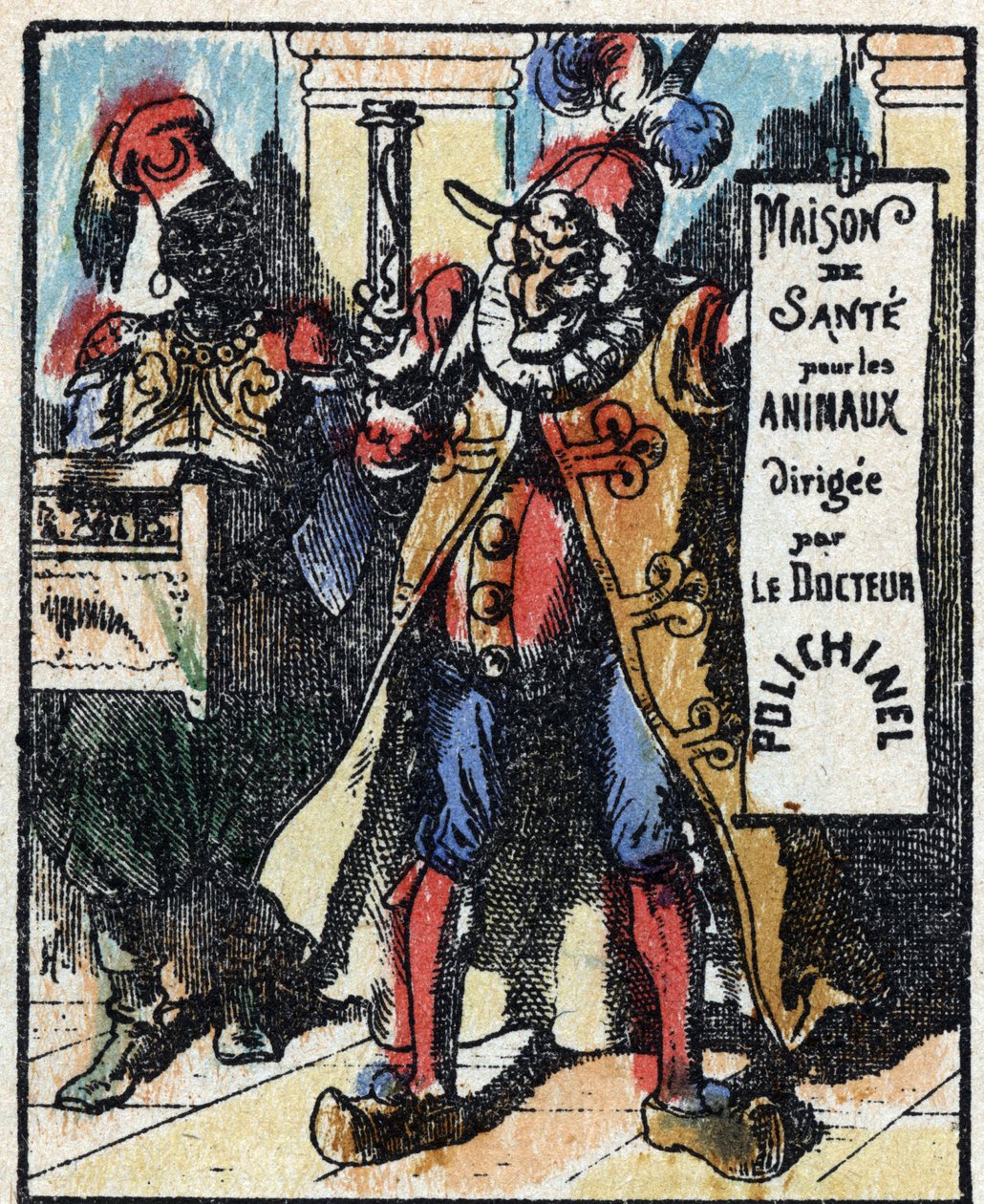Tri Pulcinellan (Polichinelle) historia. Puukaiverrus Imaging Pellerin - Epinal, sd. 1800-luvun loppu. tekijältä French School