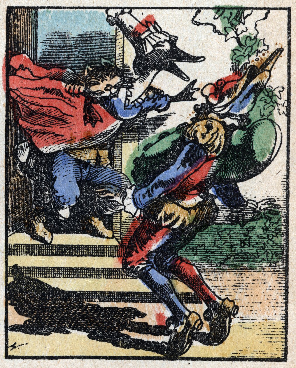 Tri Pulcinellan (Polichinelle) historia. Puukaiverrus Imaging Pellerin - Epinal, sd. 1800-luvun loppu. tekijältä French School