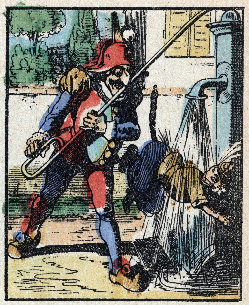 Tri Pulcinellan (Polichinelle) historia. Puukaiverrus Imaging Pellerin - Epinal, sd. 1800-luvun loppu. tekijältä French School