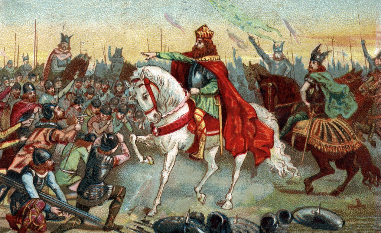Gallian historia keskiajalla: saksalaiset saksit polvistumassa sodat voittaneen kuningas Kaarle Suuren (742-814) edessä. 1800-luvun lopun kromolitografia. tekijältä French School