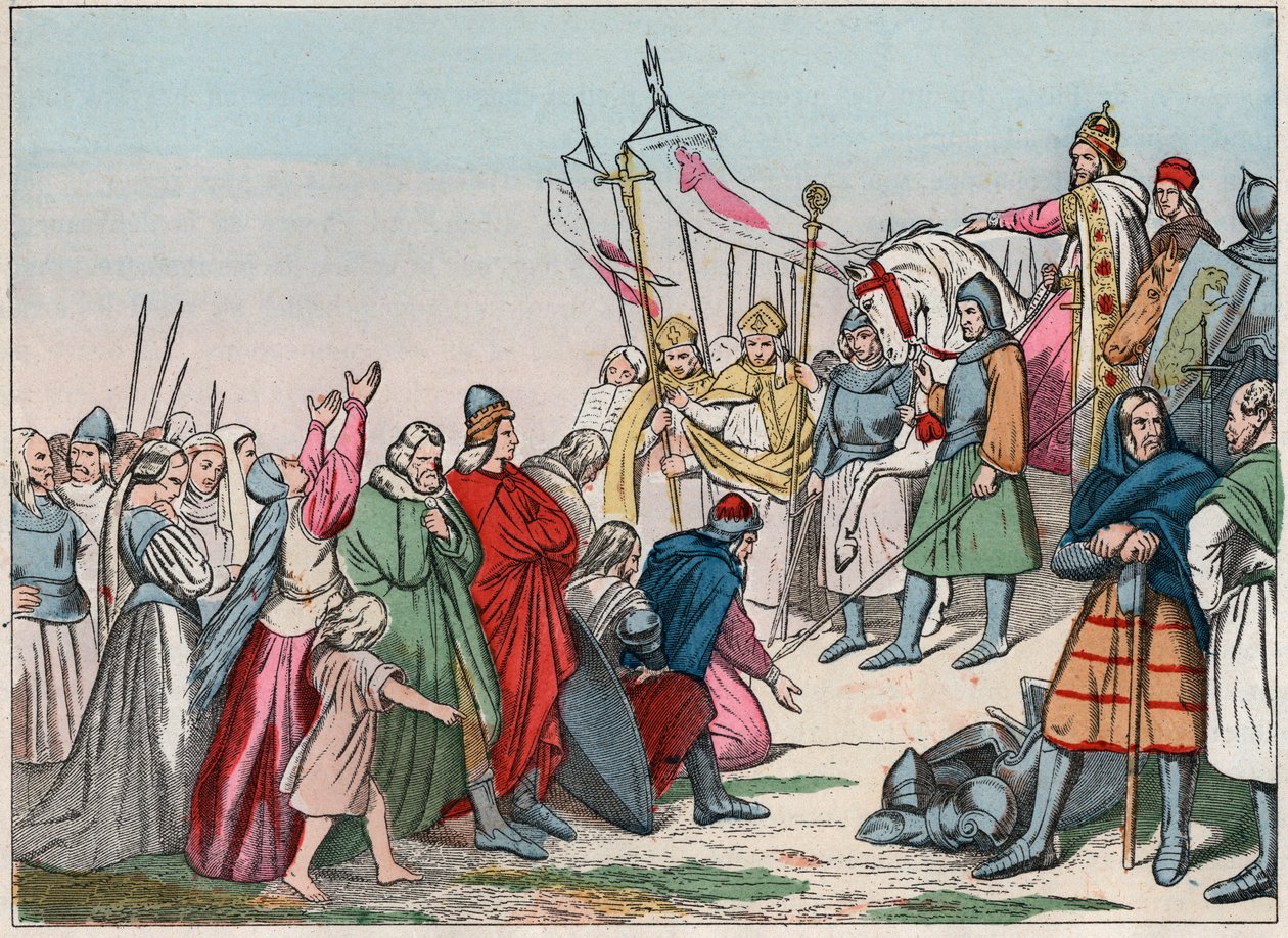 Gallian historia keskiajalla: saksalaiset saksit polvistumassa sotien voittajan kuningas Kaarle Suuren (742 - 814) edessä - Kaiverrus 1800-luvun lopusta kirjassa "Kansallinen loistomme - kuvat ja lausunnot"" tekijältä French School