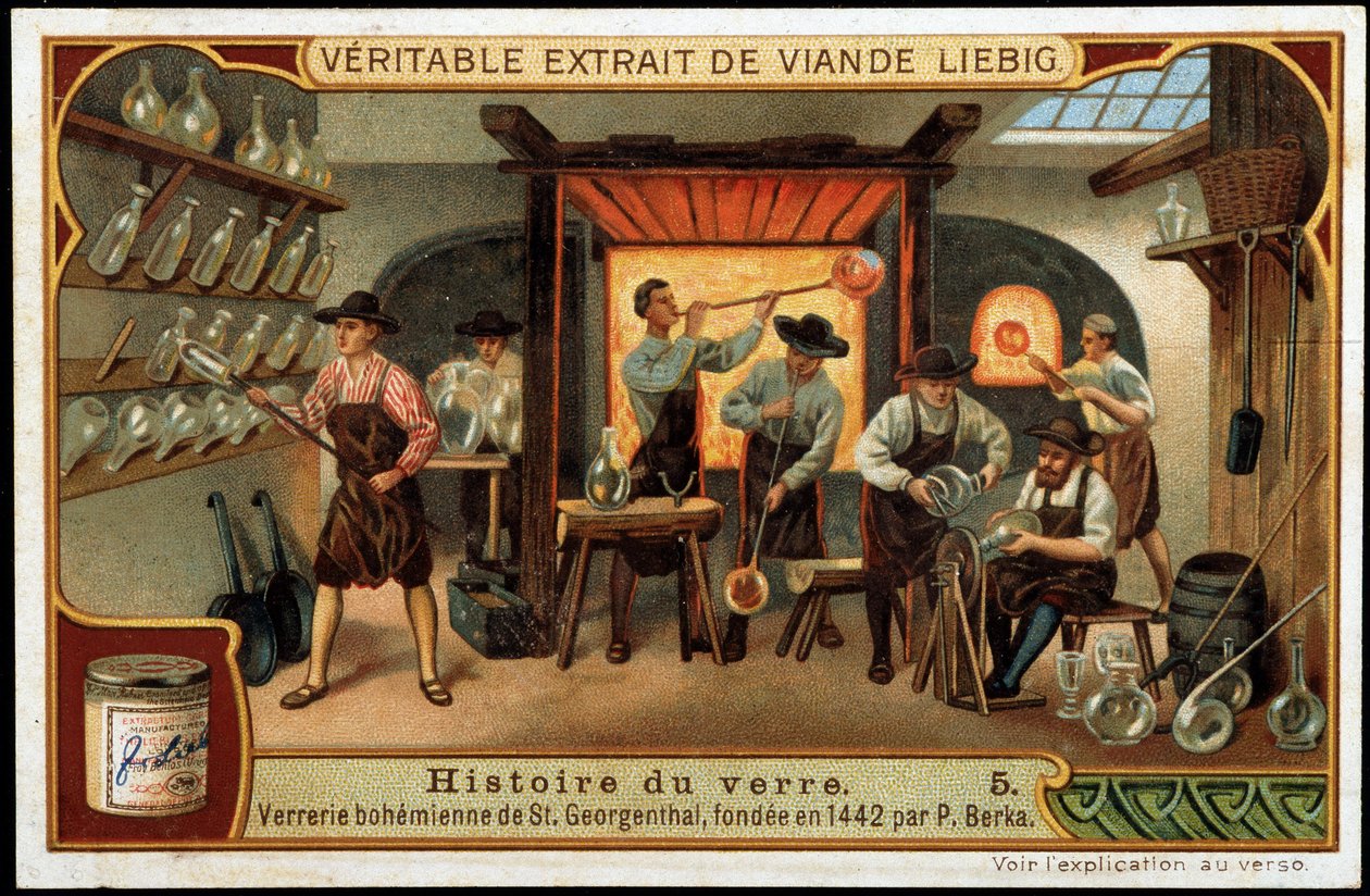 Lasin historia: P. Berka perusti vuonna 1442 Saint Georgenthalin Boheme-lasitehtaan. 1800-luvun lopun liebig-kromolitografia. tekijältä French School