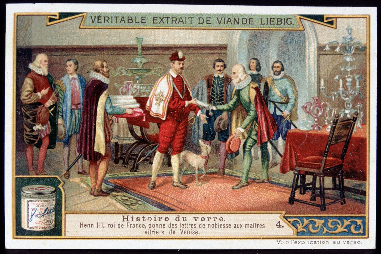 Lasin historia: Henrik III (1551-1589) Ranskan kuningas antaa aatelistokirjeet Venetsian lasimestarille. 1800-luvun lopun liebig-kromolitografia. tekijältä French School