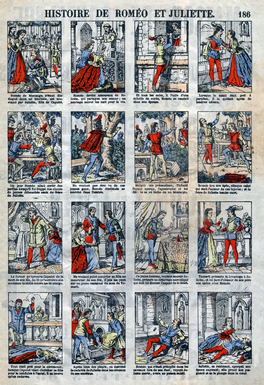 Romeon ja Julian historia William Shakespearen näytelmän jälkeen (1564-1616). Epinaalikuvaus 1800-luvun lopulta. tekijältä French School