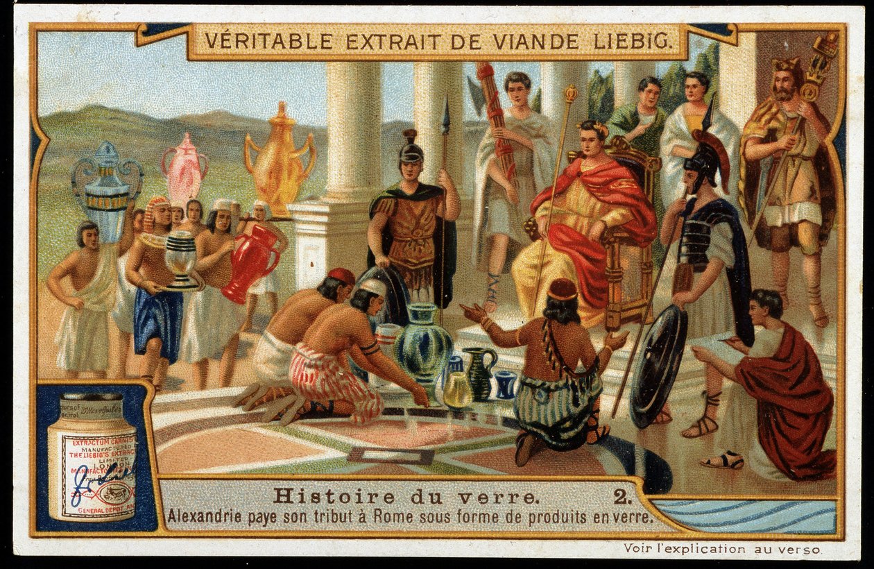 Lasin historia: Aleksandria osoittaa kunnioituksensa Roomalle lasituotteiden muodossa - Liebig Chromolithography tekijältä French School
