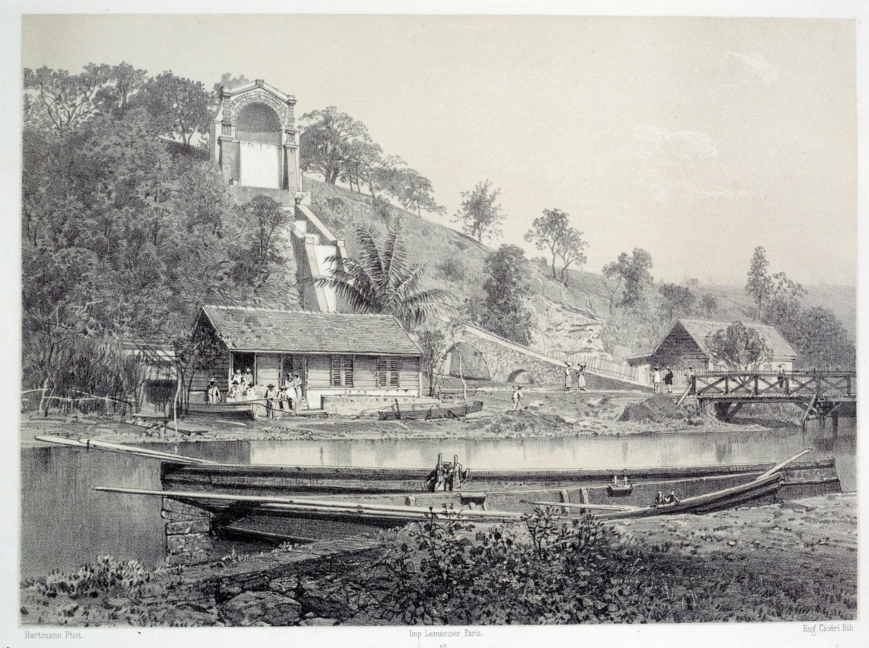 Ranskan siirtokuntien historia: näkymä vesilinnalle tai Gueydon-kanavalle Fort de Francessa Martiniquella (Antillit), 1800-luvun lopun Chartres musee des Beaux Arts tekijältä French School