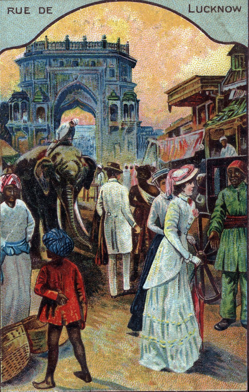 Matkailun historia: Länsimatkailijat Lucknowin kadulla, Intia (Länsimatkailijat Lucknowin kadulla, Intia) Kromolitografia 1800-luvulta Yksityinen kokoelma tekijältä French School