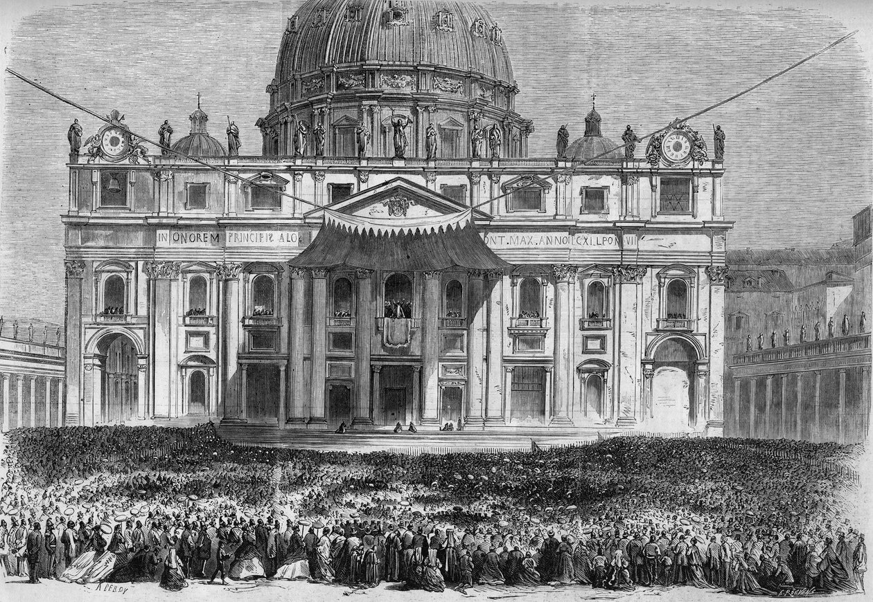 Pyhä viikko Roomassa: näkymä Pyhän Pietarin aukiolle Roomassa (Piazza San Pietro) "urbi et orbi" -siunauksen aikana suurena torstaina ja pääsiäissunnuntaina. Kaiverrus "" Le Monde Illustré" -julkaisussa nro 526, 11. toukokuuta 1867. tekijältä French School
