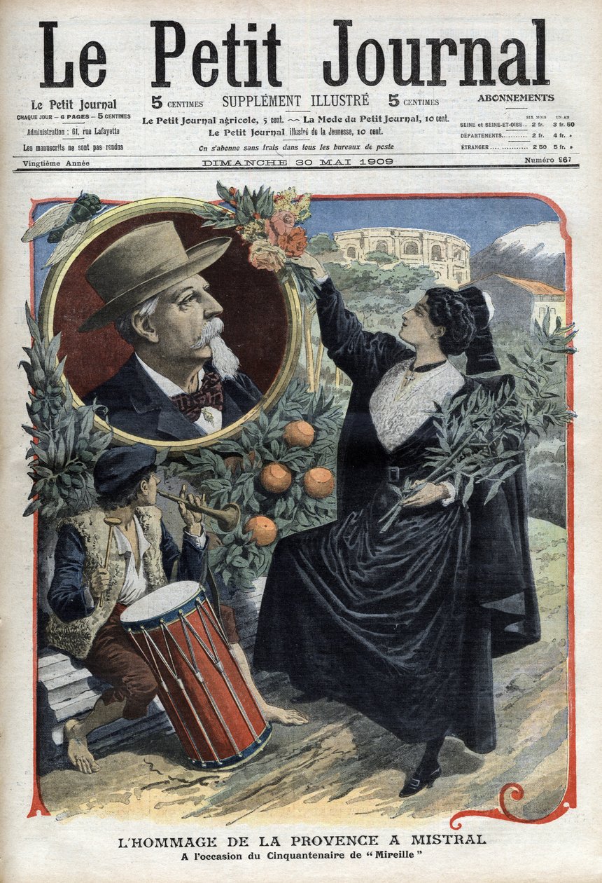 Provencen kunnianosoitus Frederic Mistralille "" Mireillen" (1859) 50-vuotispäivän kunniaksi "Le Petit Journalissa", toukokuussa 1909 (kaiverrus) tekijältä French School