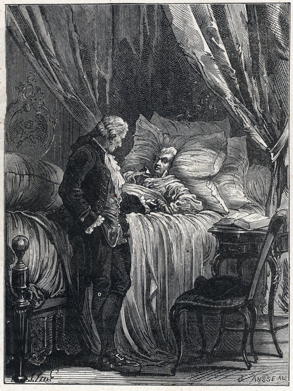 Honore Gabriel (Honore-Gabriel) Riqueti, Mirabeaun kreivi (1749-1791) kuolinvuoteellaan lääkärinsä Georges Cabanisin (1757-1808) kanssa vuonna 1791. tekijältä French School