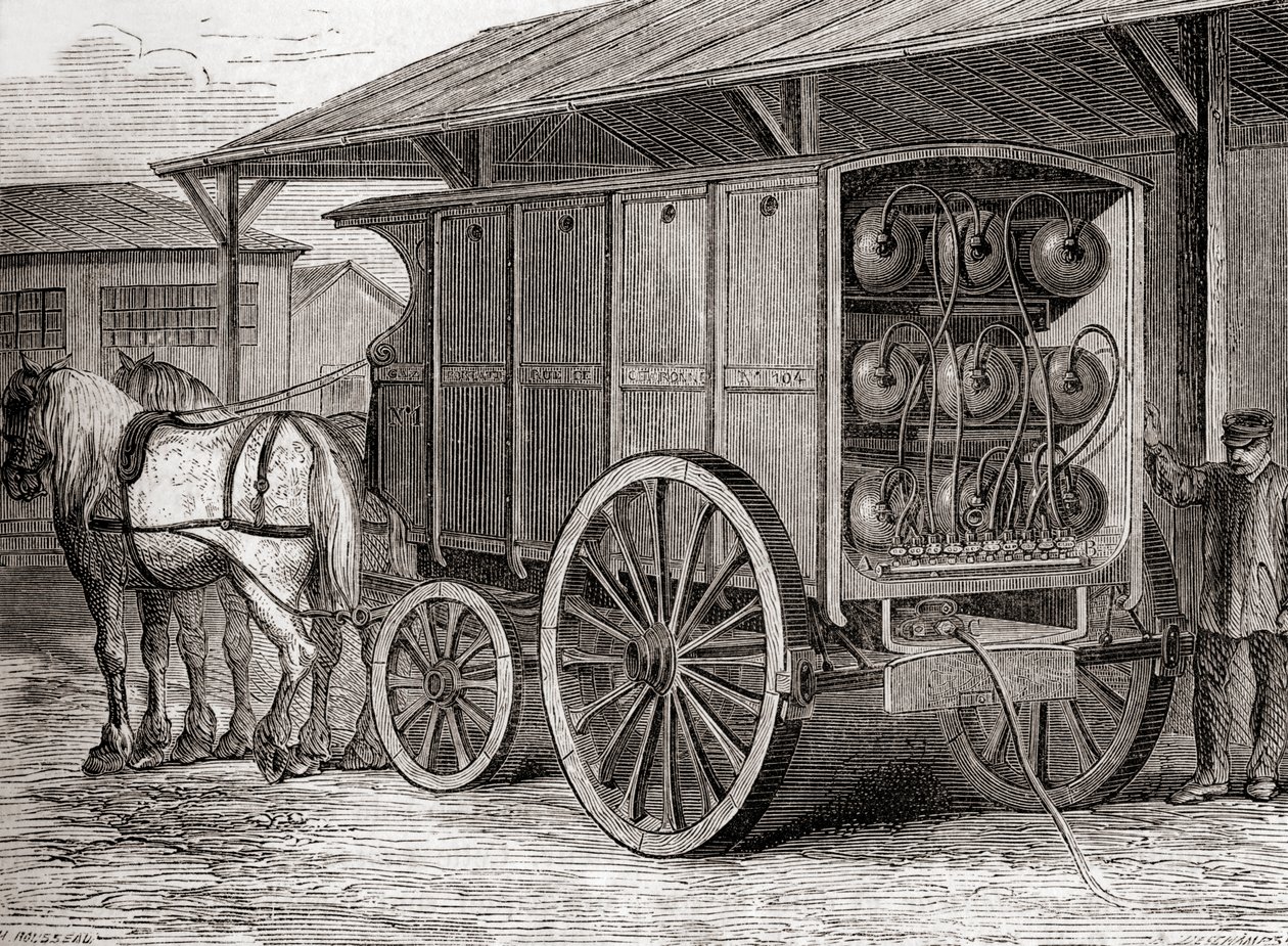 Hevosvetoinen ajoneuvo, jota käytettiin painekaasun kuljettamiseen kannettavissa säiliöissä 1800-luvulla, Les Merveilles de la Science, julkaistu n. 1870 (kaiverrus) tekijältä French School