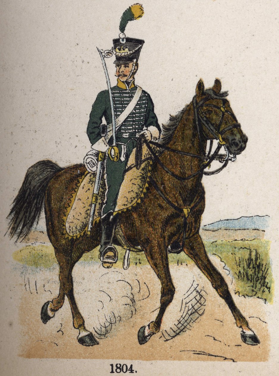Hevosenmetsästäjä vuonna 1804. Lautas Lienhartin ja Humbertin kirjasta Les Uniformes de l