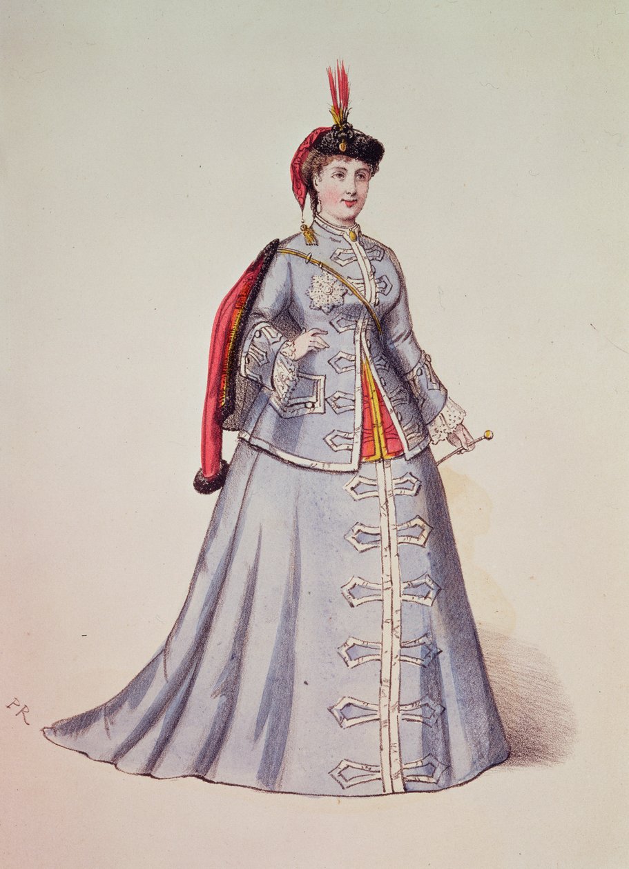 Hortense Schneider nimiroolissa Offenbachin operetissa "La Grand Duchesse de Gerolstein", kuvitus teoksesta "Costumes des Theaters de Paris", 1867 tekijältä French School