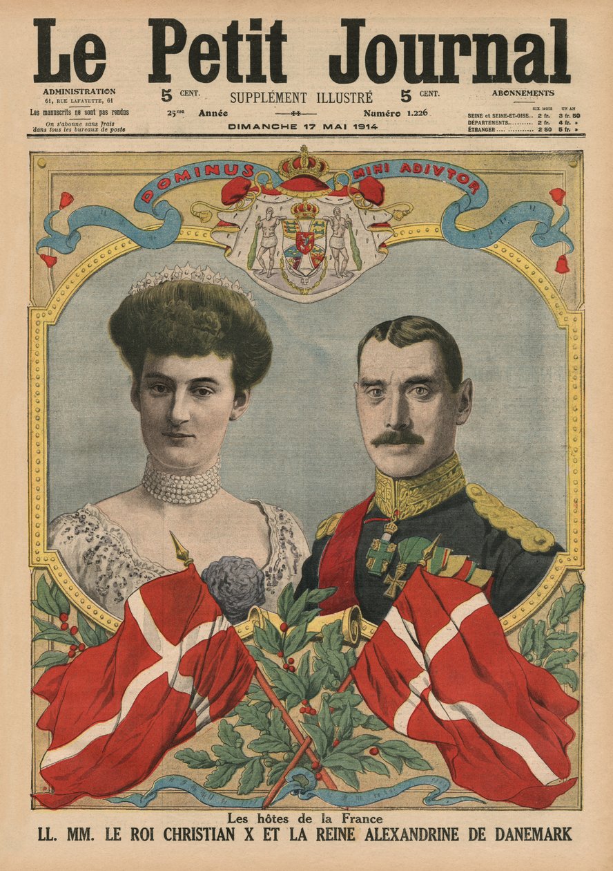 Ranskan isännät, Tanskan kuningas Christian X ja kuningatar Alexandrine, etukannen kuvitus "Le Petit Journalista", liitekuva, 17. toukokuuta 1914 tekijältä French School