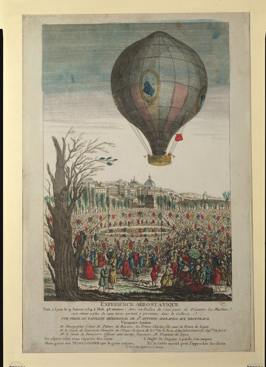 Montgolfier Brothersin ja Francois Pilatre de Rozierin (1754-85) kuumailmapallokoe Lyonissa, 19. tammikuuta 1784 tekijältä French School
