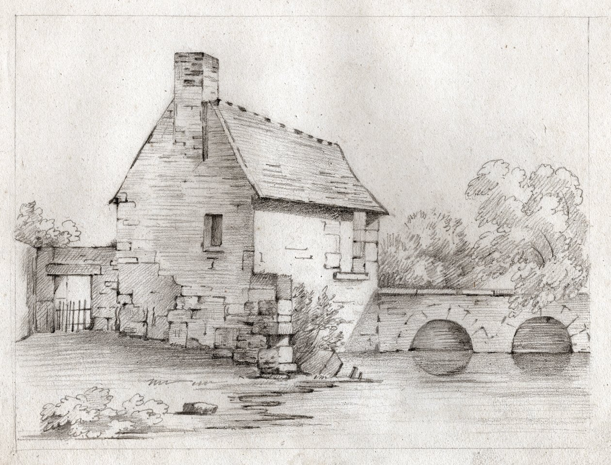 Talo joen rannalla. (piirustus, noin 1830) tekijältä French School