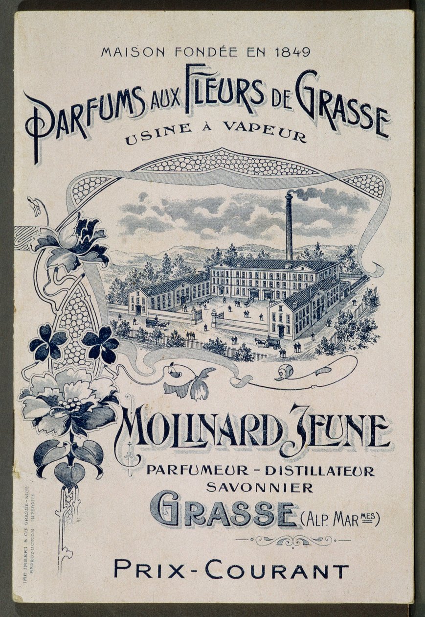 Vuonna 1849 perustettu talo - Fragrances aux Fleurs de Grasse - Höyrytehdas: Molinard Jeune - Molinardin tehdasta esittelevä mainoskortti - kaiverrus, 1900-luvun alku tekijältä French School