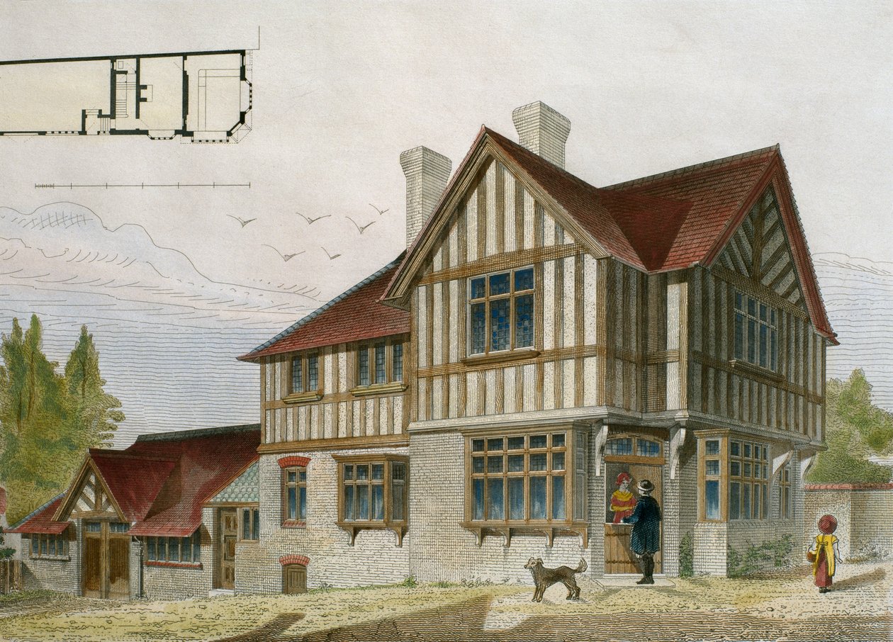 Pienen kauppiaan talo Lontoon alueella, kuvitus Le Moniteur des architectesista, 1884, kaiverrus Paul Louis Bury (1800-luku) (värikaiverrus) tekijältä French School