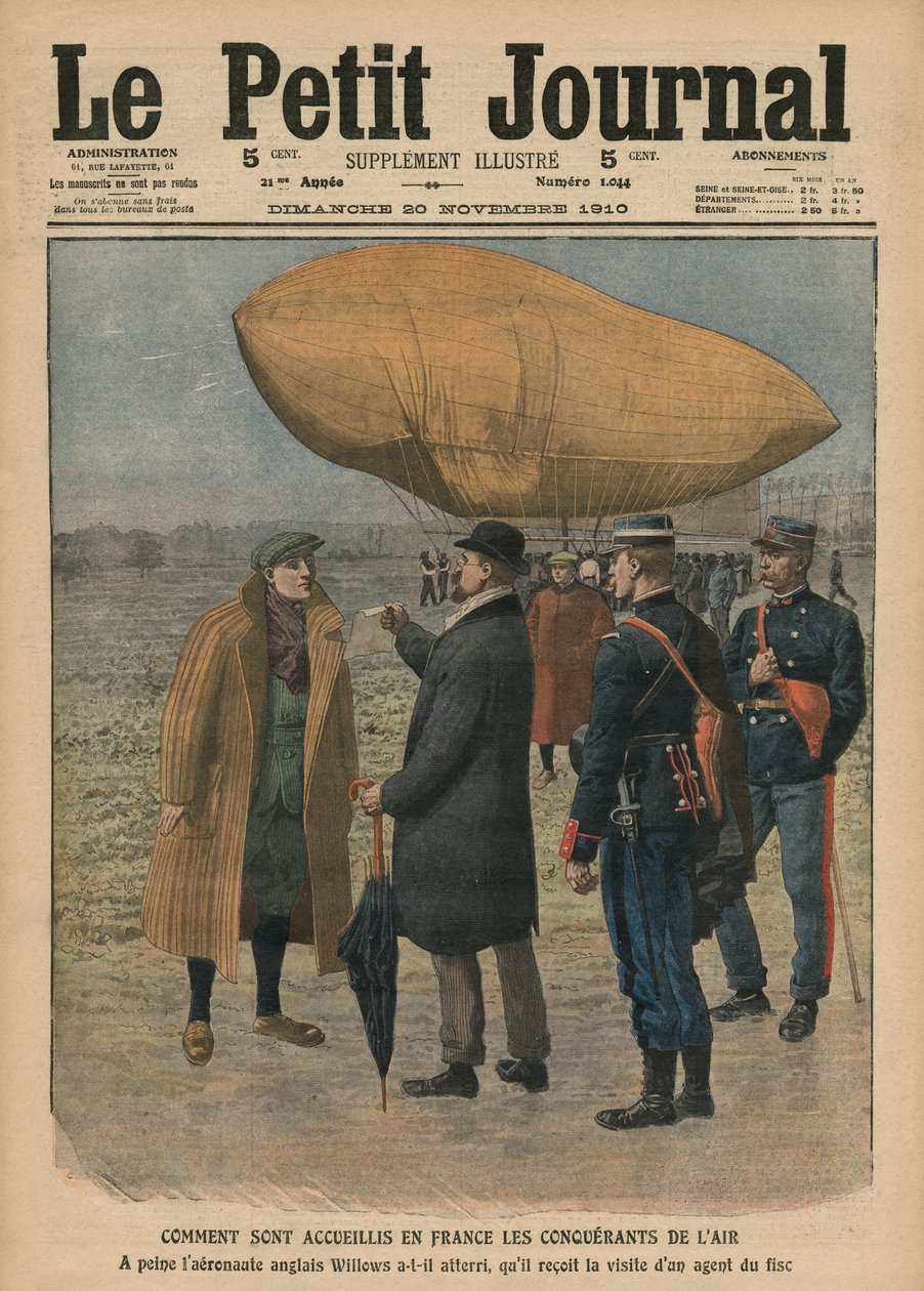 Miten ilmavalluttajat otetaan vastaan Ranskassa, Ernest Willows, kuvitus "Le Petit Journalista", liitekuva, 20. marraskuuta 1910 tekijältä French School